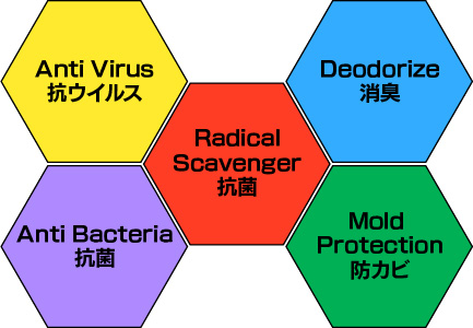 抗ウイルス、抗菌、抗酸化、消臭、防カビ